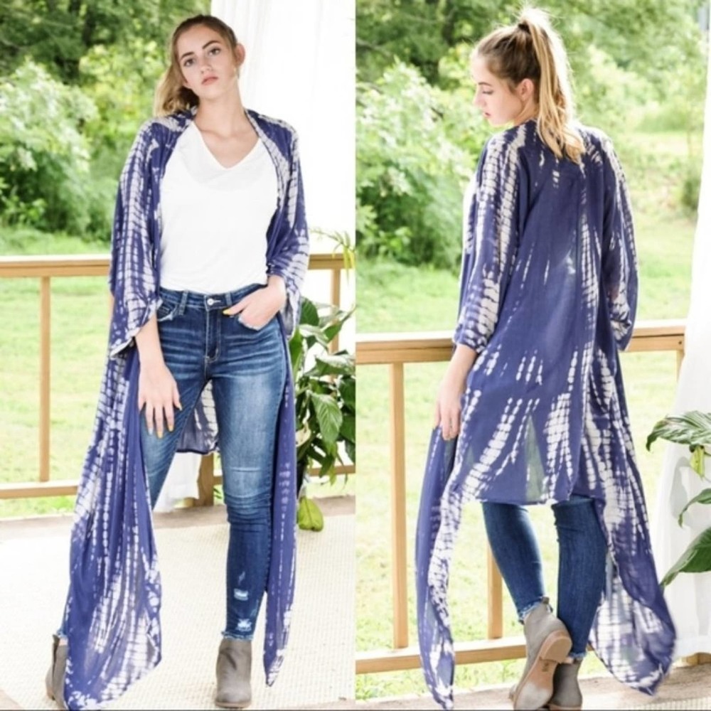 Boho Tie Dye Kimono Blue and White